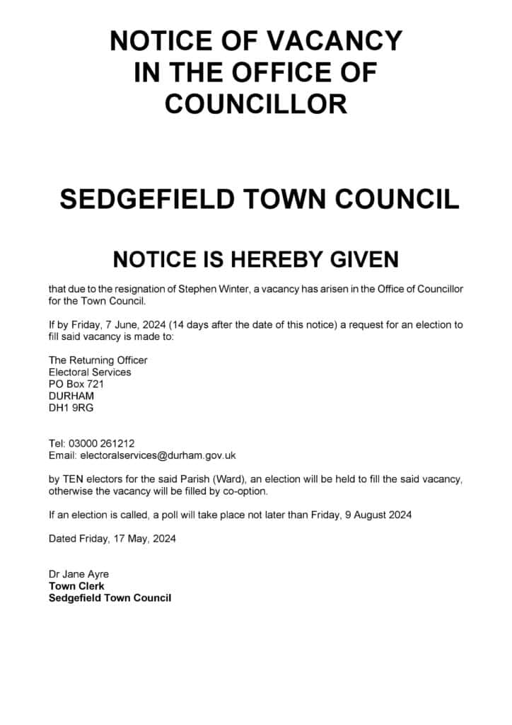 Notice of Vacancy - Sedgefield Town Council dated 17 May 2024-page-001 (1)